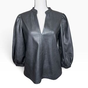 Pomander Place Faux Leather Top Women XS Black Puff Sleeve Split Neck Pullover